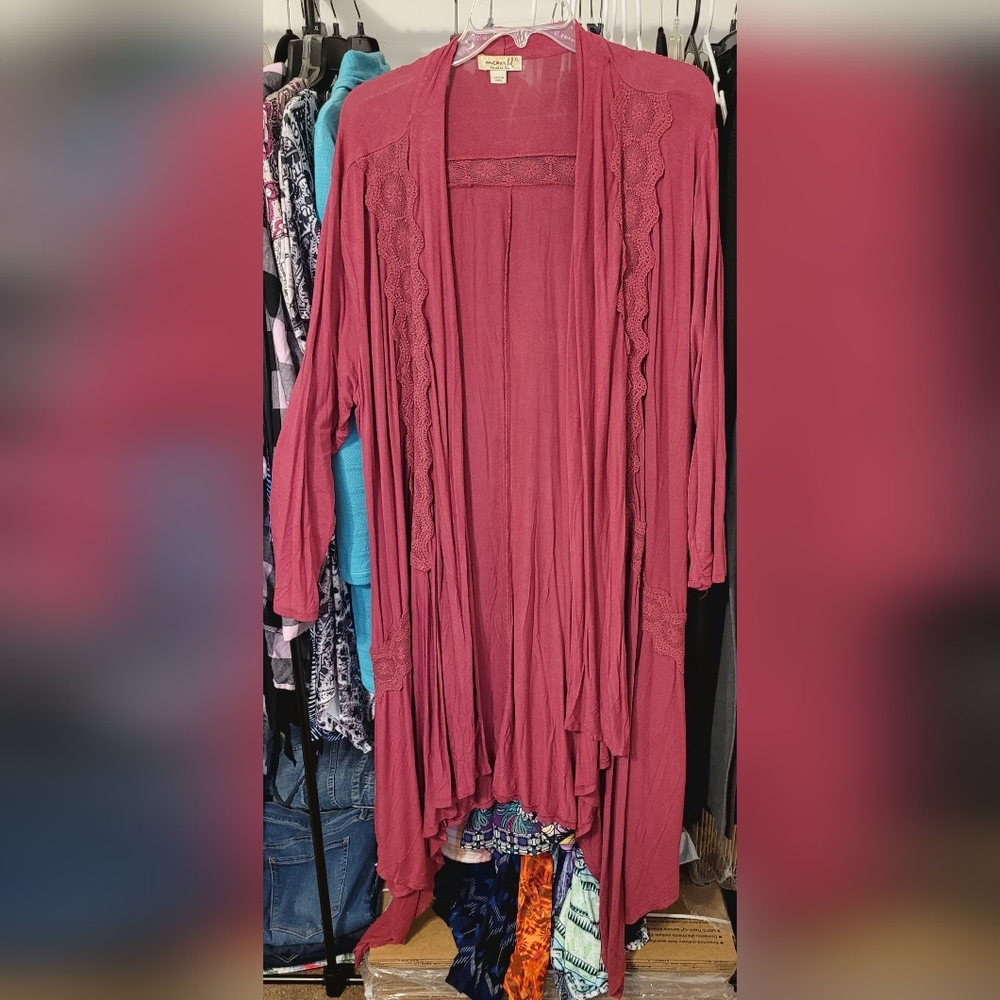 ***3/$20**Womens Size XL Rose Colored Duster With Crochet Detail By One World